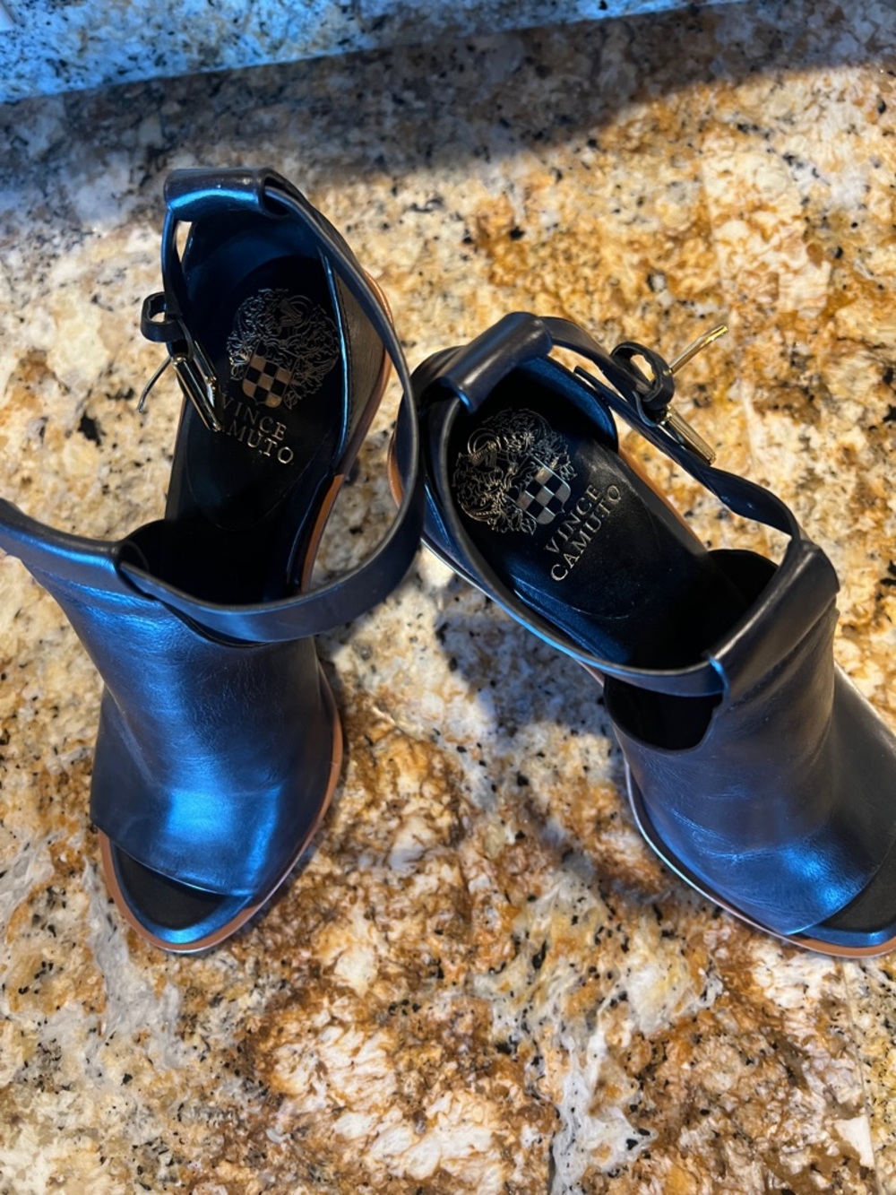 Vince Camuto Black Leather Peep-Toe Ankle Strap Heels